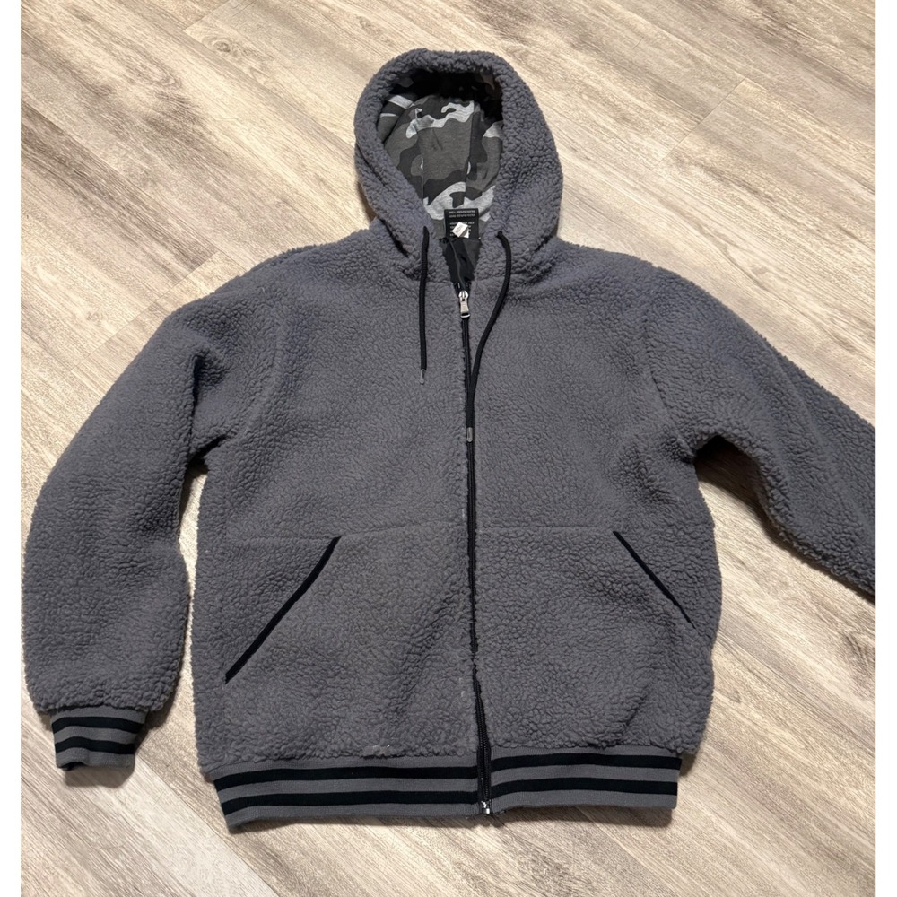 Original Deluxe Mens Gray Sherpa‎ Fleece Zip Up Hoodie Camo Lined Size S